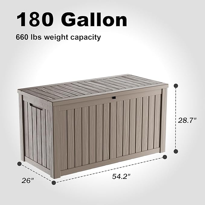 180 Gallon Resin Outdoor Deck Box Waterproof Patio Furniture, Garden Tools, Cushions, Pool Accessories Outside Storage Box (180 Gallon,Grey)