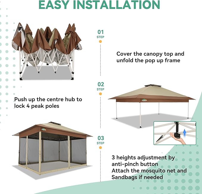 COBIZI 10x15 FT Pop up Gazebo on Clearance - Outdoor pop up Canopy Tent,carpas para Patio, Shelter - Screen Tents with Portable Carry Bag, Patio Gazebos for Camping,Garden,Deck,Backyard,Khaki