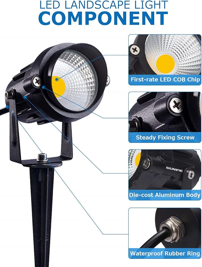 SUNVIE 12W Low Voltage LED Landscape Lights with Connectors, Outdoor 12V Super Warm White (900LM) Waterproof Garden Pathway Lights Wall Tree Flag Spotlights with Spike Stand (12 Pack with Connector)