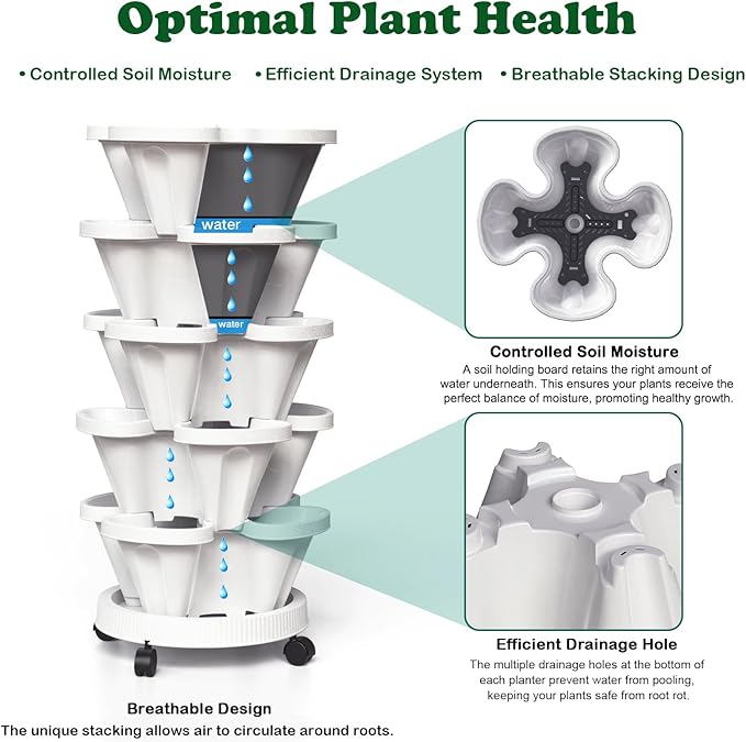 Strawberry Planters, 3 Tiered Vertical Stackable Planter, Herb Stacking Tower Garden, Flower Vegetable Planters with Support Pole, Indoor & Outdoor with Removable Wheels - White