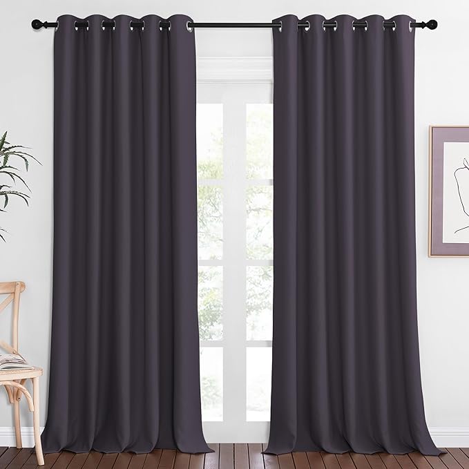 NICETOWN Blackout Curtain Drape for Bedroom - Light Reducing Thermal Insulated Solid Grommet Room Darkening Window Curtain 90 inches Long for Living Room (Greyish Purple, 1 Piece, W66 x L90)