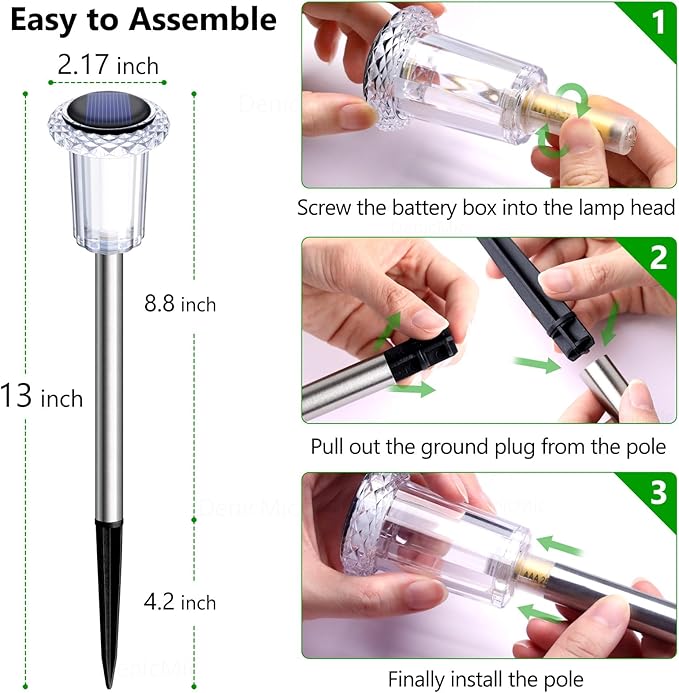 DenicMic Solar Lights Outdoor 15 Pack Waterproof 6000K Cold White LED Stainless Steel Stake Outside Lights for Yard Pathway Garden Driveway Walkway Landscape Path Lighting