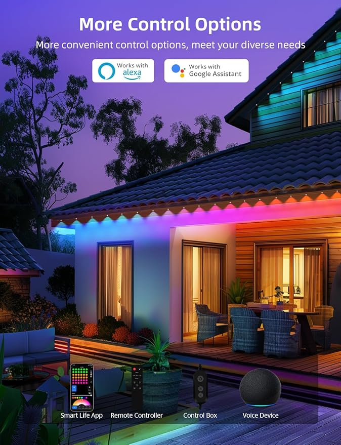 APPECK Permanent Outdoor Lights 100ft with 72 LEDs, DIY Scene Modes, Smart RGBW String Lights Waterproof, App/Remote Control for Christmas, Holiday, Alexa/Google Assistant Compatible, Black