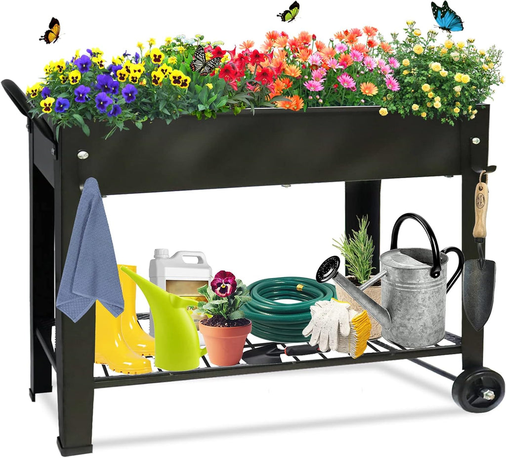 raised garden planter beds with wheels legs, large, front angle view
