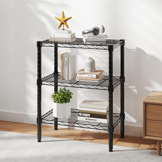 DUMOS 3-Tier Metal Wire Storage Shelves, Adjustable Standing Storage Rack Shelf, Heavy Duty Steel Shelving Unit Organizers for Kitchen Bathroom Pantry Garage, 23.2" W×13.4" D×30.3" H, Black