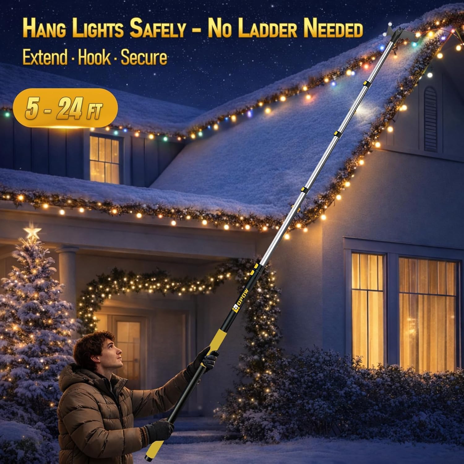 6-24ft Telescopic Extension Pole & Utility Hook for Christmas Lights | Christmas Light Pole Hanger Tool,30FT High Reach Telecoping Pole,Extendable Poles for Hanging and Installation Lights String