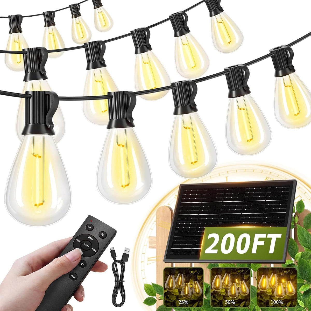 200ft solar string lights outdoor waterproof 72+2 led, main product view