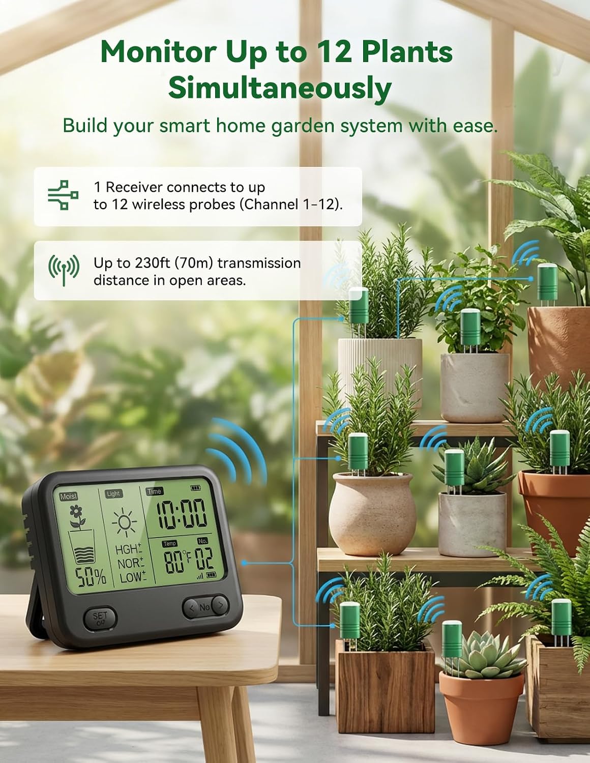 nexuslab wireless soil moisture meter with lcd receiver, close-up detail