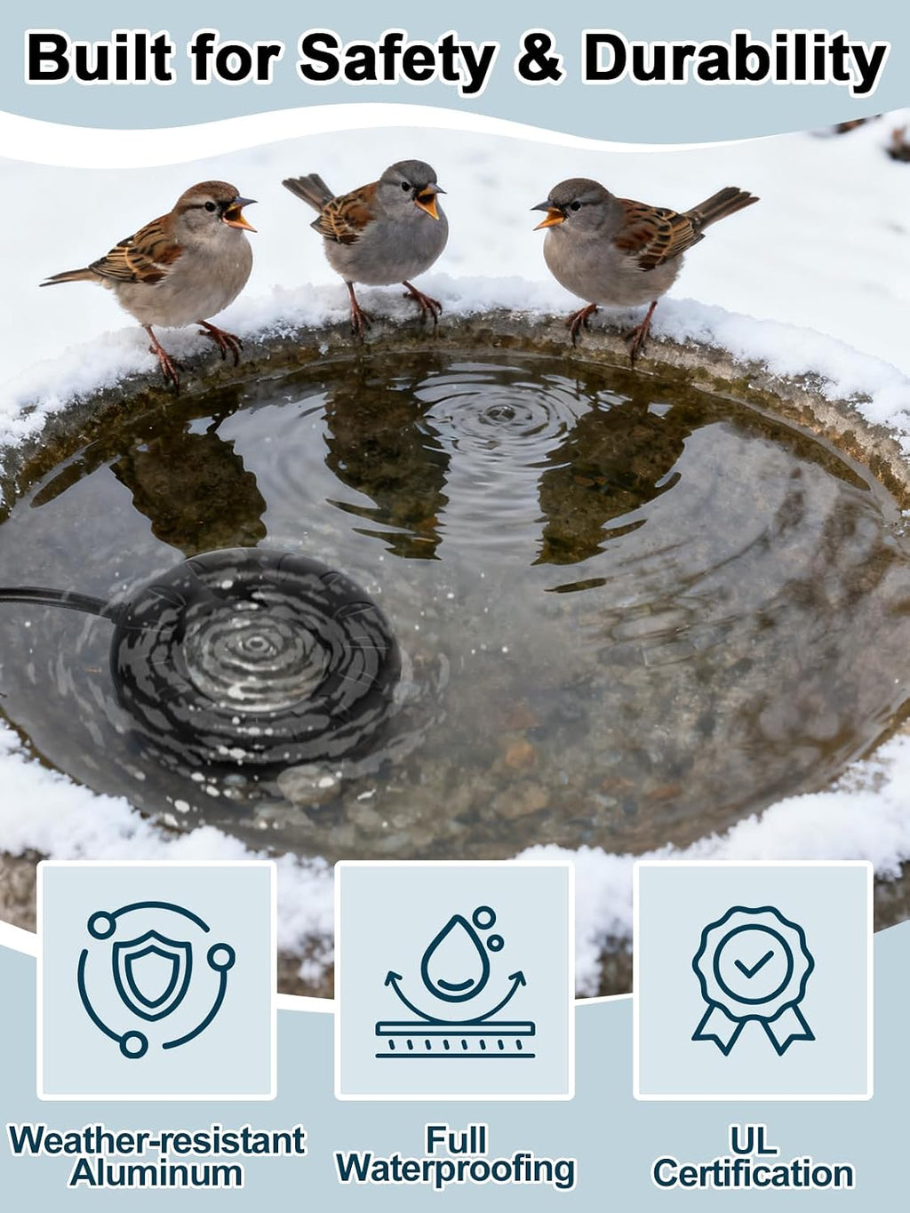 MEWTOGO 6.6ft Cord Bird Bath Heater for Outdoors in Winter - 70W Submersible Energy-Saving Chicken Coop Water Deicer with Thermostatic Control for Yard Patio to Keep Water Ice-Free