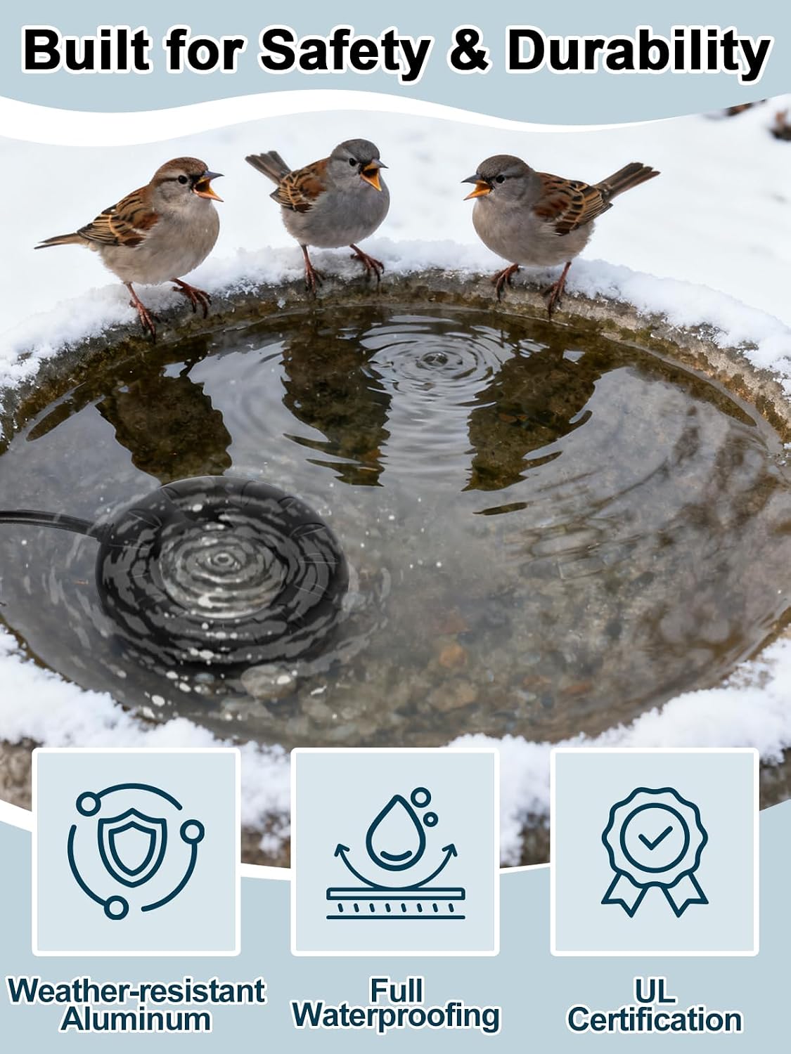 MEWTOGO 6.6ft Cord Bird Bath Heater for Outdoors in Winter - 70W Submersible Energy-Saving Chicken Coop Water Deicer with Thermostatic Control for Yard Patio to Keep Water Ice-Free