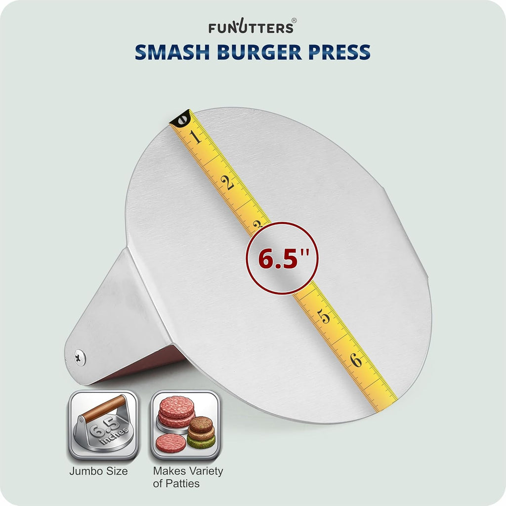 6.5'' Smash Burger Press Patty Maker, Hamburger Smasher Tool, Heavy-Duty Stainless Steel, BBQ Grill and Flattop Griddle Accessory - Commercial Grade