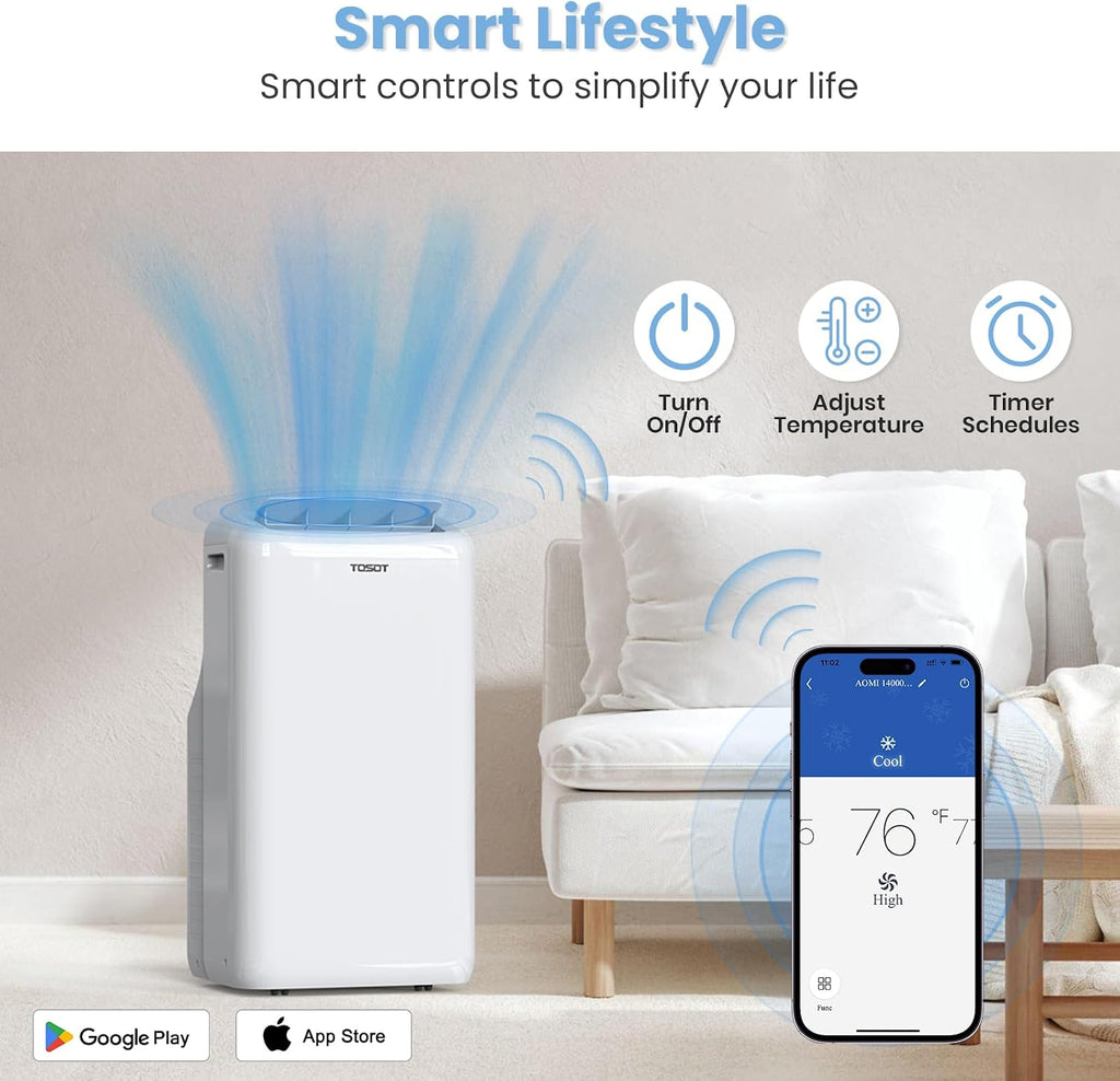 tosot 14,000 btu wifi portable air conditioner, aomi, side view