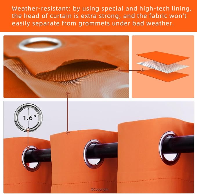 Waterproof Outdoor Curtain W52 x L63 - Grommet Top Sunlight Blocking Window Treatment Drapes Blackout Curtains for Home Bedroom Living Room Outdoor Patio Porch Pergola (Orange, 2 Panels)