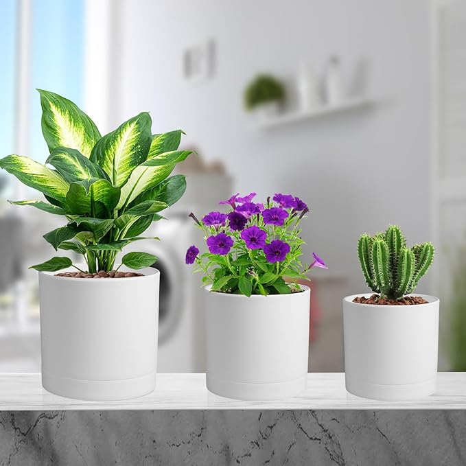 6/5/4 inch Flower Pots, Pack of 3 Cylinder Plant Pots for Small Indoor Outdoor Plants, Plastic Planters with Drainage Holes and Saucers for Garden Succulent Nursery House Plants, White