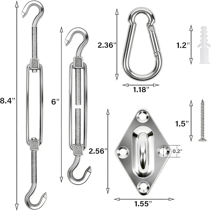 YOFIT 40 Pcs Shade Sail Hardware Kit, 6 Inch Outdoor Sun Sail Accessories, 304 Stainless Steel Turnbuckles & Brackets for Triangle/Rectangle Sails, Patio Canopy Installation Hardware Set Waterproof