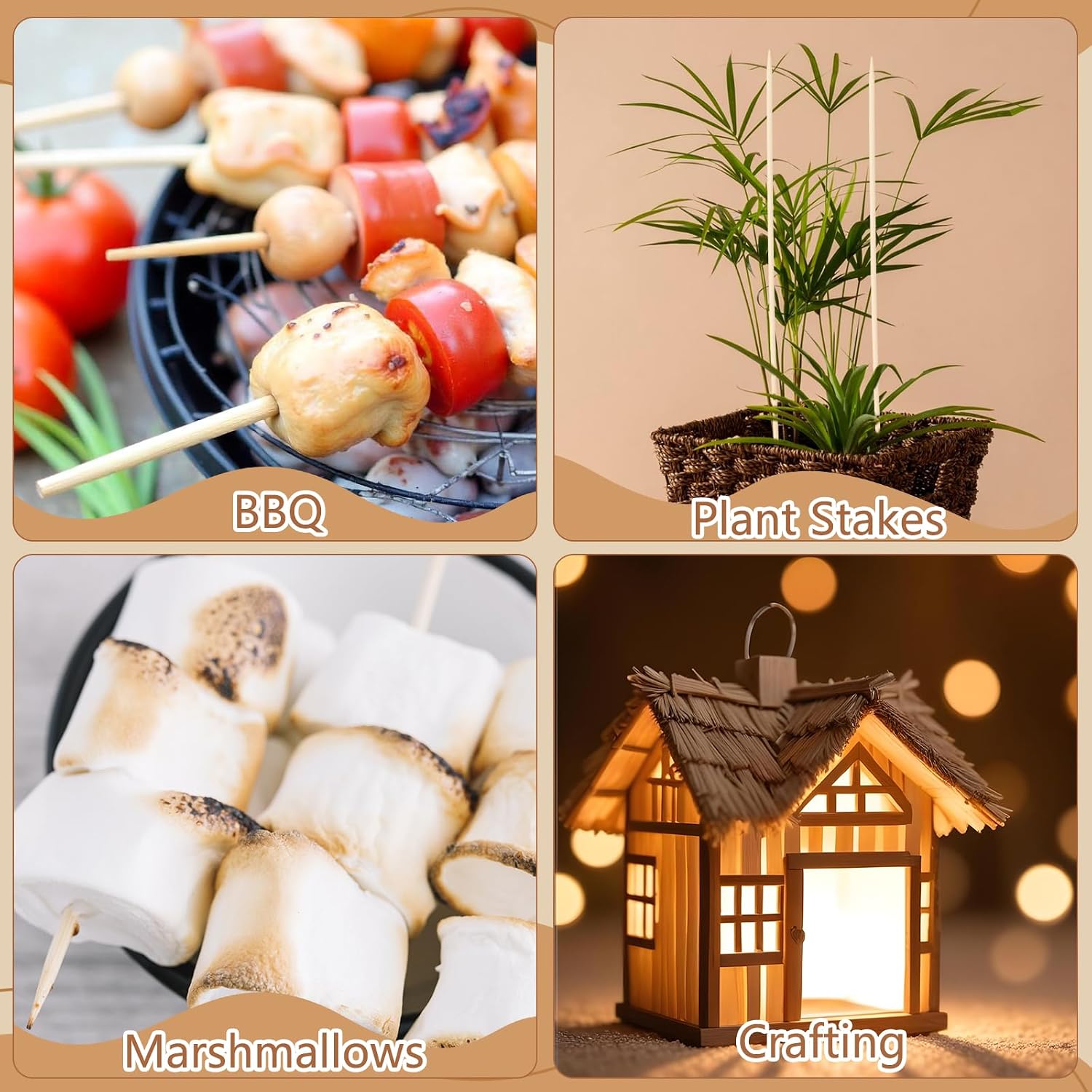 300Pcs Bamboo Skewers 16 Inch, 4 MM Thick For Smores，BBQ, Crafts, Plants | Semi-Pointed For Marshmallows, Fllower Bouquets, Plant Support, And Chocolate Fountains,Crafts