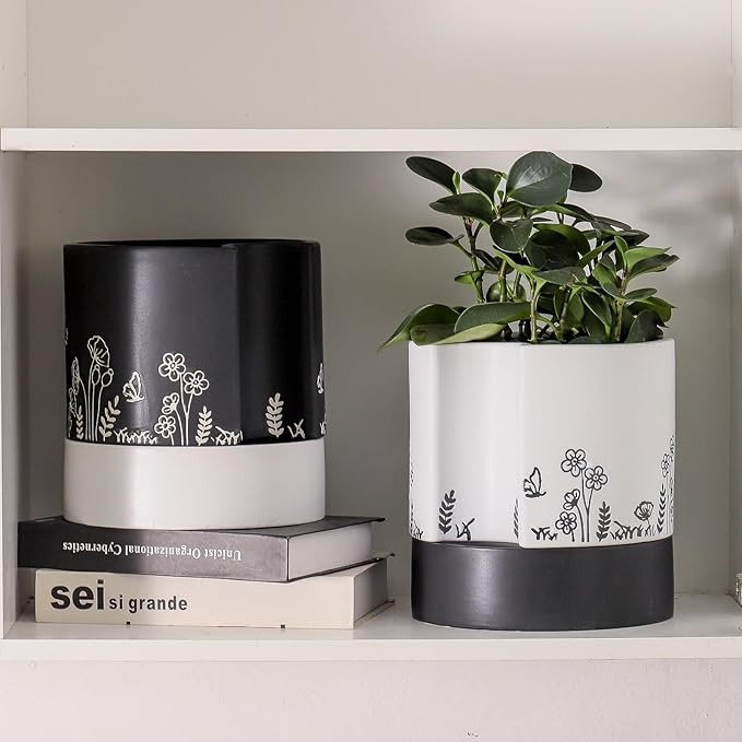 Nihow Self Watering Plant Pot: 8 Inch Ceramic Planter with Drainage Hole & Water Storage Plus for Indoor & Outdoor Plants - Cylinder Round Flower Pot for Succulent/Herbs/Violets - Black