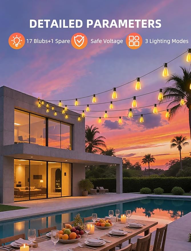 Outdoor Patio String Lights: 50Ft 15M Outside Waterproof Light - Remote Dimmable ST38 Shatterproof Bulb Connectable Hanging Outdoor Electric Lighting - Backyard Yard Gazebo Porch Party