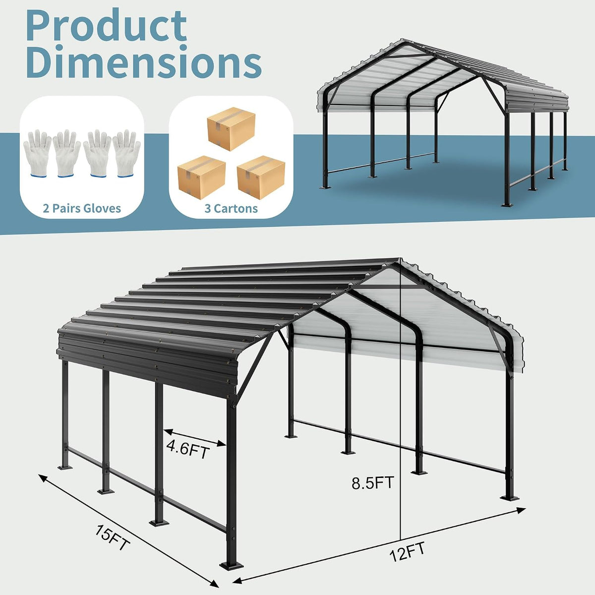 shintenchi 12x15 ft metal carport, oversized carport garage, close-up detail