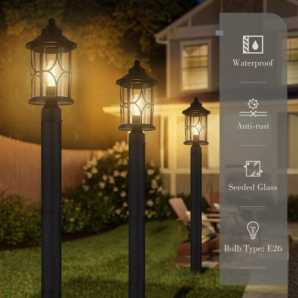 zeyu Farmhouse Exterior Post Light Fixture, 17 Inch Modern Outdoor Pole Light for House Patio Yard, Die-Cast Aluminum with Seeded Glass Shade, Black Finish, ZX48MP BK