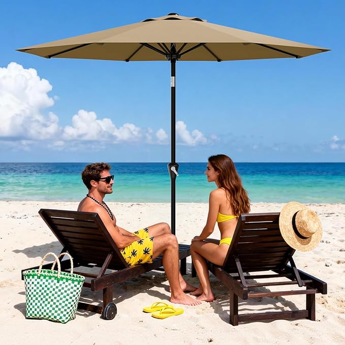 Garvee 10FT Patio Umbrella - Outdoor Table Umbrella with Smooth Crank Lift, Push Button Tilt and 8 Sturdy Ribs - Market Umbrella UV Protection Waterproof for Pool, Deck, Yard, Garden (Tan)
