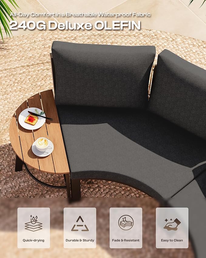 Outdoor Patio Furniture Set, 4 Piece Half-Moon Aluminum Patio Conversation Sets Curved Sofa with PE Rope, All-Weather Outdoor Sectional Sofas with Modular Coffee Table & Cushions, Graphite