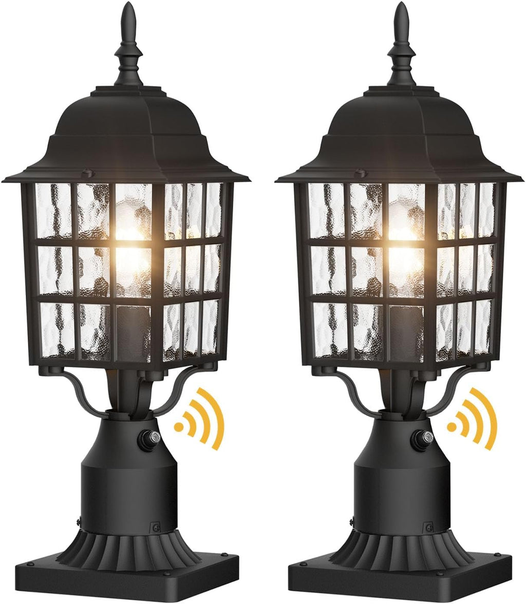2-Pack Dusk to Dawn Outdoor Post Light, Black | Lamp Post Light Fixture, Water Ripple Glass, Pier Mount Base, Exterior Pole Lantern Light for Yard Patio Pathway