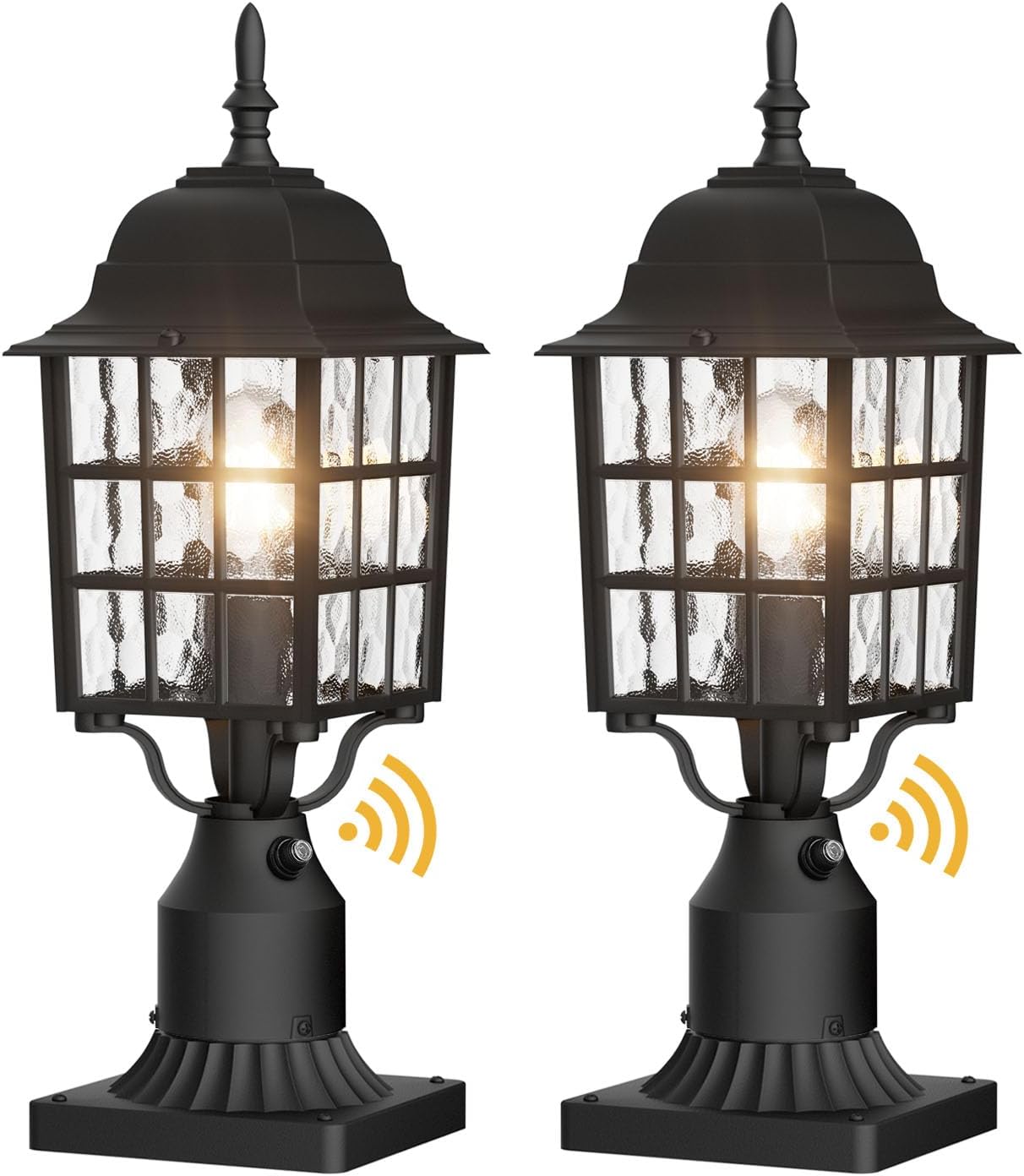 2-Pack Dusk to Dawn Outdoor Post Light, Black | Lamp Post Light Fixture, Water Ripple Glass, Pier Mount Base, Exterior Pole Lantern Light for Yard Patio Pathway