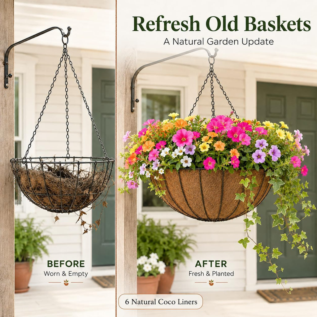 Sinimaka Coco Liners for Planters 14 Inch, 6 Pack Round Hanging Basket Liners, Coconut Fiber Liners for Planters Flowers Garden