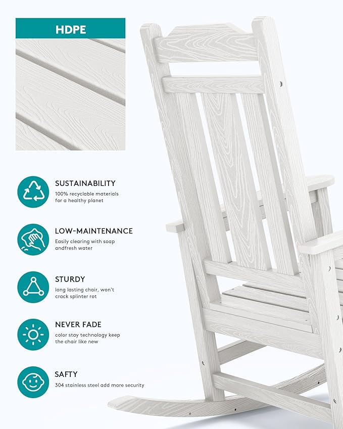 SERWALL Oversized Outdoor Rocking Chair Set of 4, HDPE Outdoor Rocking Chair for Adults, White