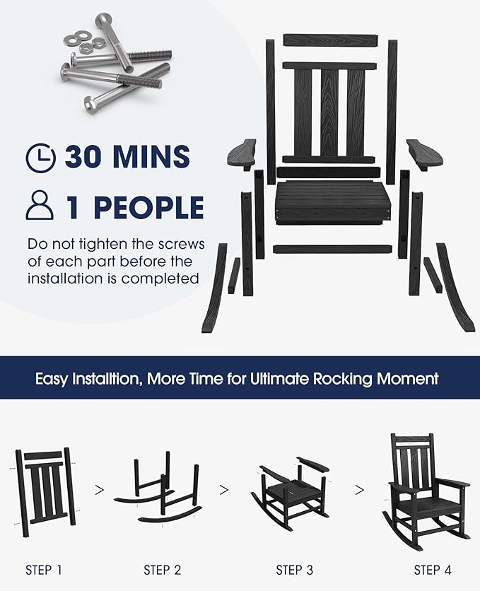 KINGYES Oversized Outdoor Rocking Chair Set of 6, All-Weather Patio Rocking Chairs for Porch, HDPE Outdoor Patio Rockers with High Back & Wide Seat for Garden, Lawn, Black