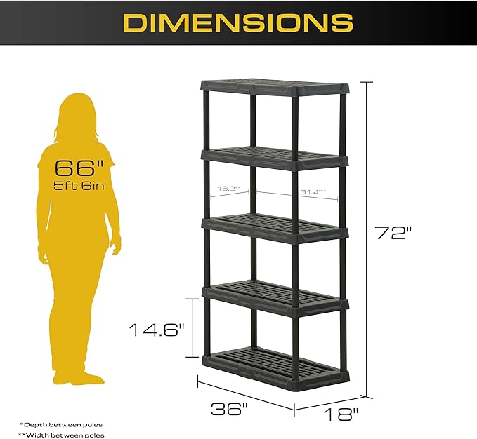 CENTREX CX 5-Tier Heavy Duty Plastic Storage Shelves that Support up to 150lbs/shelf, Organization and Storage, Weather-Resistant Design, Easy Assembly, 2 Pack, Black (72”H x 36”W x 18”D)
