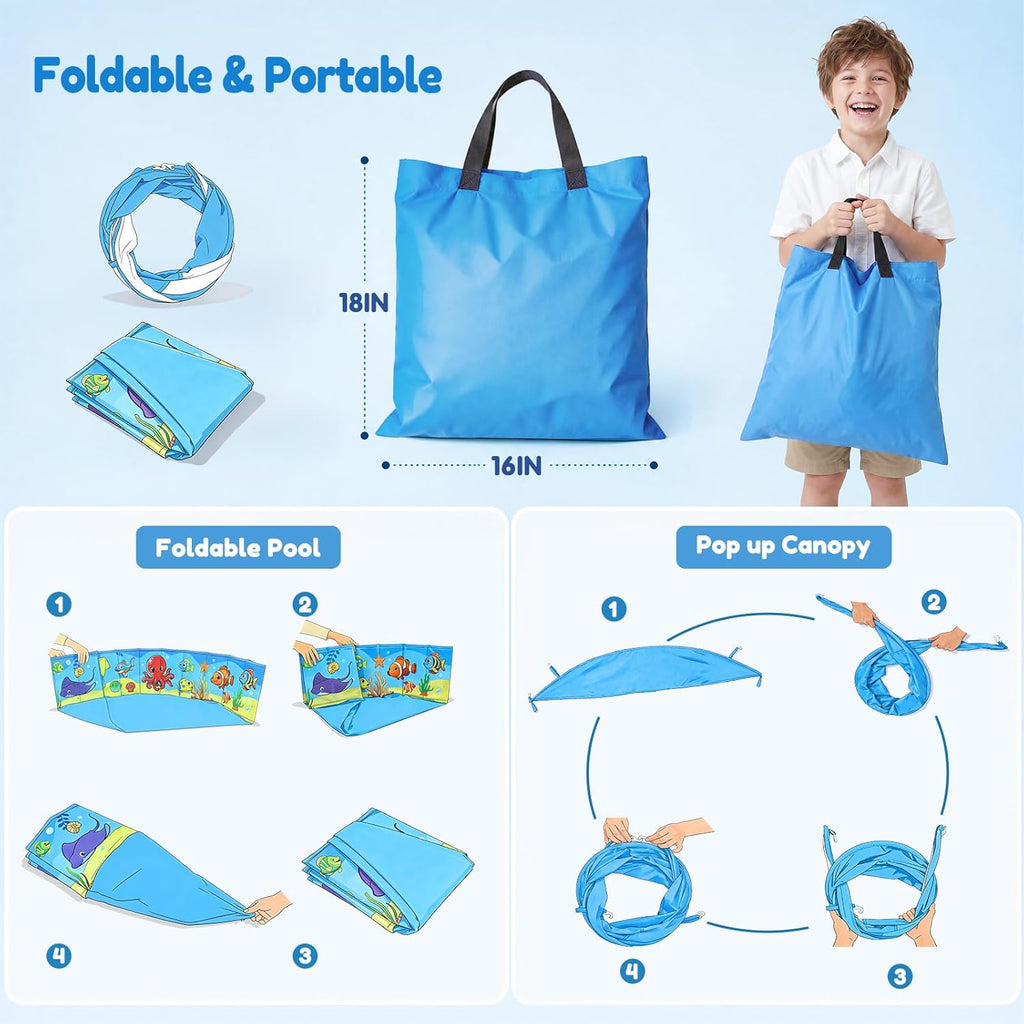 Foldable Kiddie Pool with Canopy 47IN Baby Swimming Pool for Kids | 47IN Toddler Baby Pool with UPF 50+ Shade, Carry Bag Non-Slip, Non-Inflatable Portable Water Play Pool for Backyard Beach