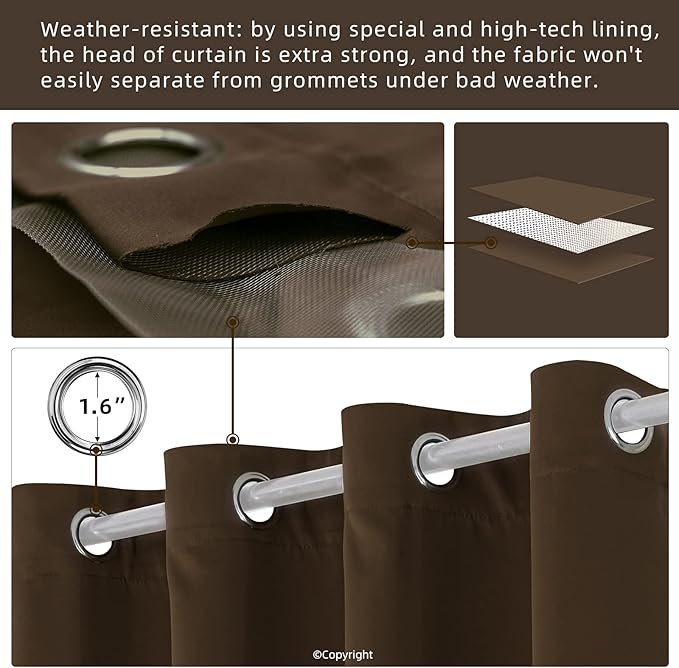 DIVA EN CAMINO DEC Water Proof Outside Curtains with Grommet Top for Porch, W52 x L120 Thermal Insulated Washable Light Block Outdoor Divider Drapes for Patio Gazebo Deck Pool Area Pergola Cabana