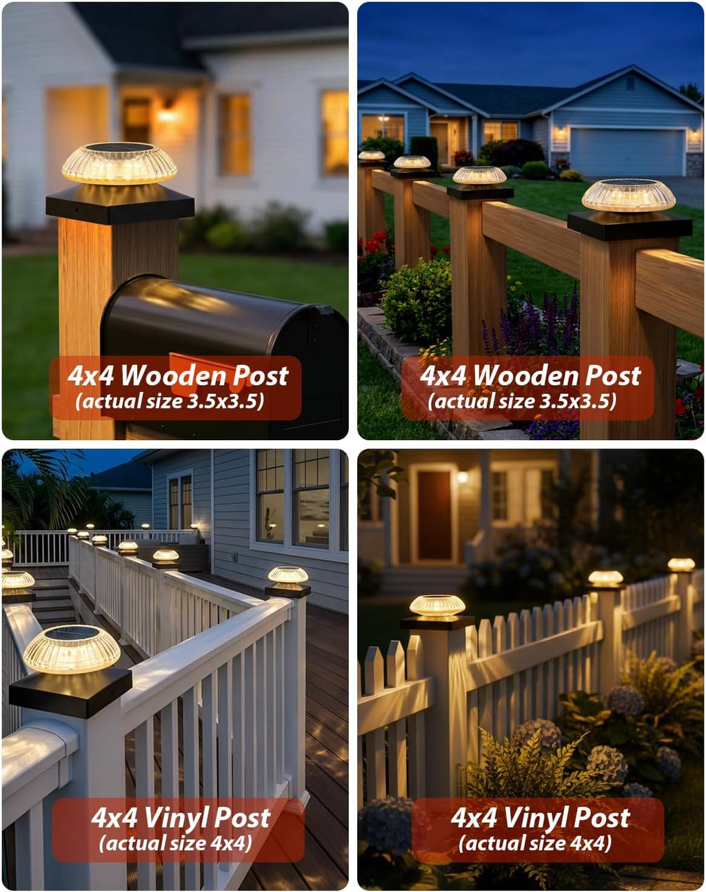 Solar Post Cap Lights for 4x4 & 3.5x3.5 Posts, IP55 Waterproof Deck Lights Solar Powered, 3 Color Modes Fence Caps for Wood Vinyl Mailbox Railing Patio