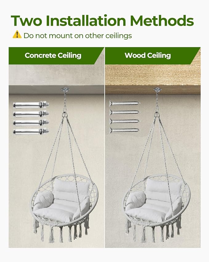 Greenstell Hammock Chair, Macrame Swing Chair with Comfy Cushion, Boho Hanging Chair for Outdoor & Indoor, Perfect for Bedroom, Patio, Balcony, Hold up to 350Lbs, Grey