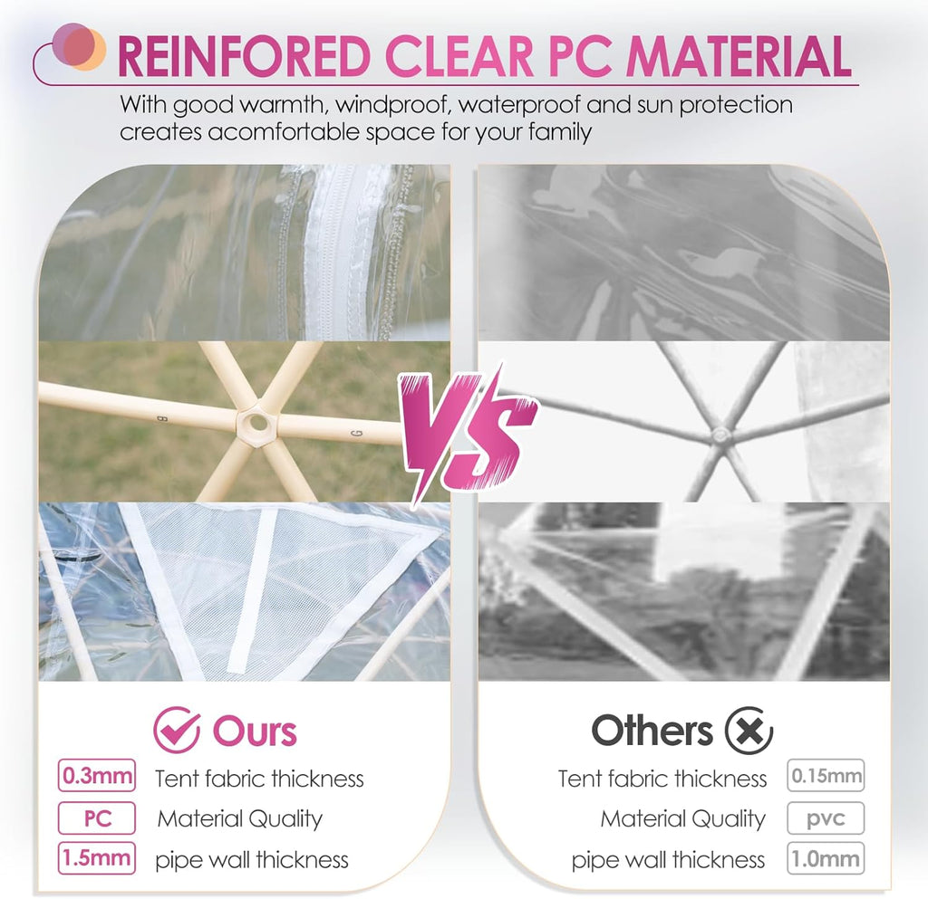 upgraded 12ft garden dome tent, outdoor clear bubble, close-up detail
