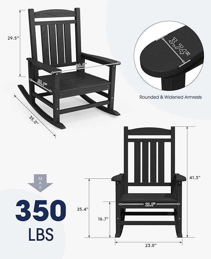 KINGYES Oversized HDPE Outdoor Rocking Chair Set of 2, Widened Seat Patio Rocking Chair, All Weather Patio Rocker, Black