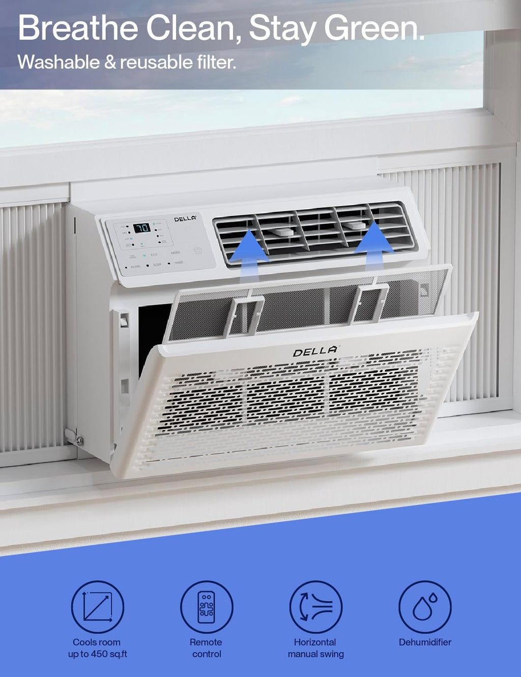 della 10000 btu energy saving window air conditioner showing dimensions
