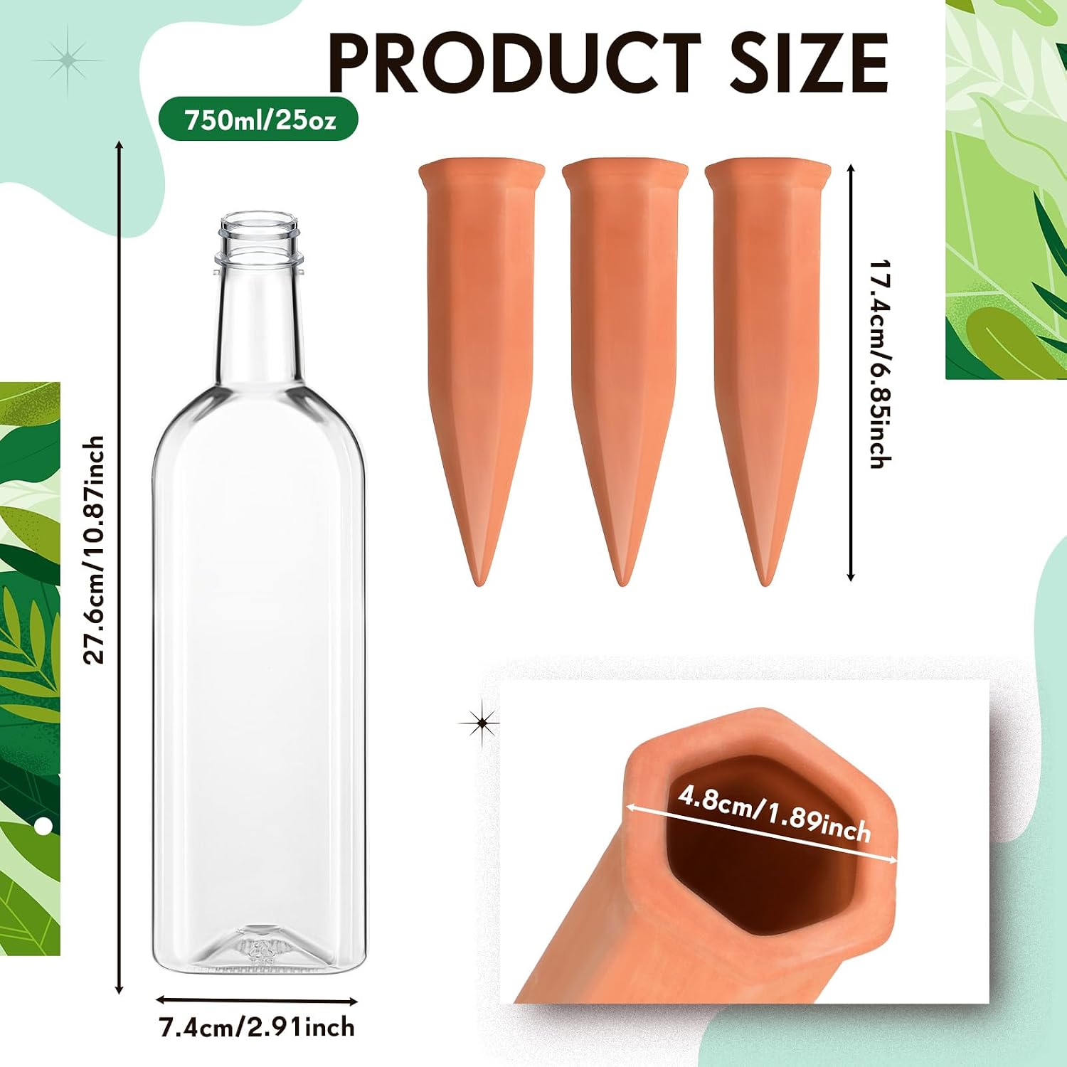 6 Sets Plant Watering Devices 6 Pcs Self Watering Spikes 6 Pcs 25 oz Plastic Bottles Slow Release Automatic Waterer Empty Liquor Bottles Terracotta Spikes for Vacation Plant (Ceramic Color)