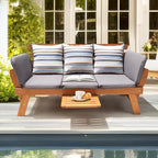 IDZO Amelie Eucalyptus Convertible Outdoor Sofa, 750lbs Capacity Patio Couch with Folding Armrest & Coffee Tray, FSC Certified Wood Furniture Set with 3 Pillows, High Static Load - Gray