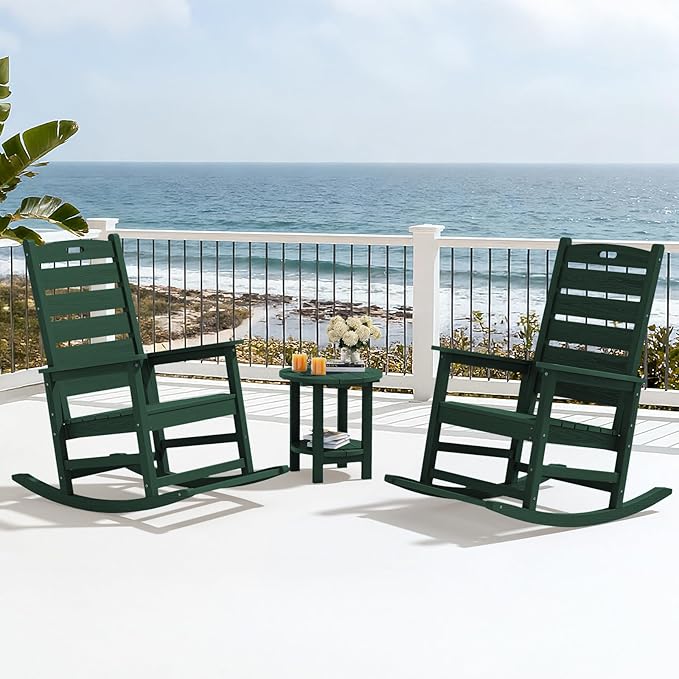 SERWALL Outdoor Rocking Chair Set of 2, Oversized Rocking Chair with Footboard for Adults, HDPE All Weather Resistant Rocking Chairs for Patio, 350lbs Weight Capacity,Green