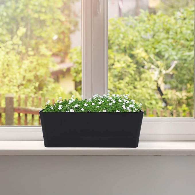 GREANER 12x3.8 Inch Herb Planters, 1 Pack Rectangle Window Boxes with Tray, Indoor Succulent Cactus Mint Plastic Pot for Windowsill, Balcony, Office, Outdoor Garden - Black