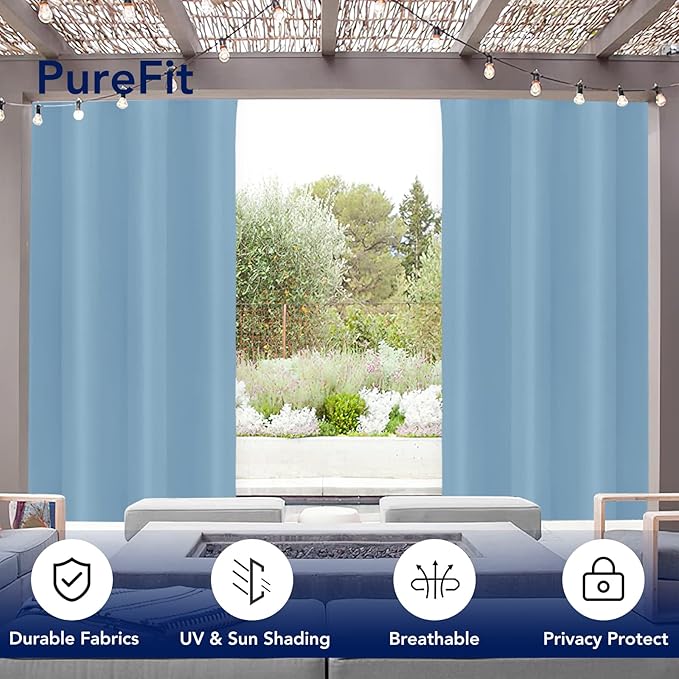 PureFit Outdoor Curtains for Patio Waterproof Weatherproof, UV Resistant Outside Curtains for Gazebo, Front Porch, Pergola, Sun Blocking Privacy Curtain, 52W x 120L inch, 1 Panel, Sky Blue