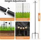 2 Pack String Light Poles for Outside, 10 FT Heavy Duty Metal Festoon Poles with 4-Prong Ground Stake, Adjustable Height Light Stand for Backyard Garden Patio Wedding Party