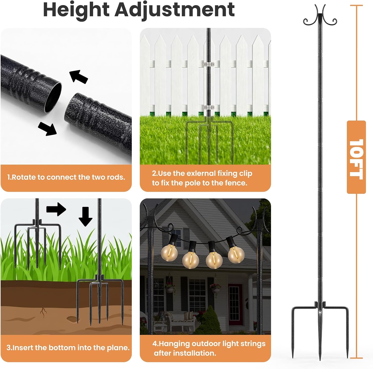 2 Pack String Light Poles for Outside, 10 FT Heavy Duty Metal Festoon Poles with 4-Prong Ground Stake, Adjustable Height Light Stand for Backyard Garden Patio Wedding Party