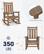 KINGYES Oversized Outdoor Rocking Chair Set of 2, All-Weather Patio Rocking Chairs for Porch, HDPE Outdoor Patio Rockers with High Back & Wide Seat for Garden, Lawn, Brown