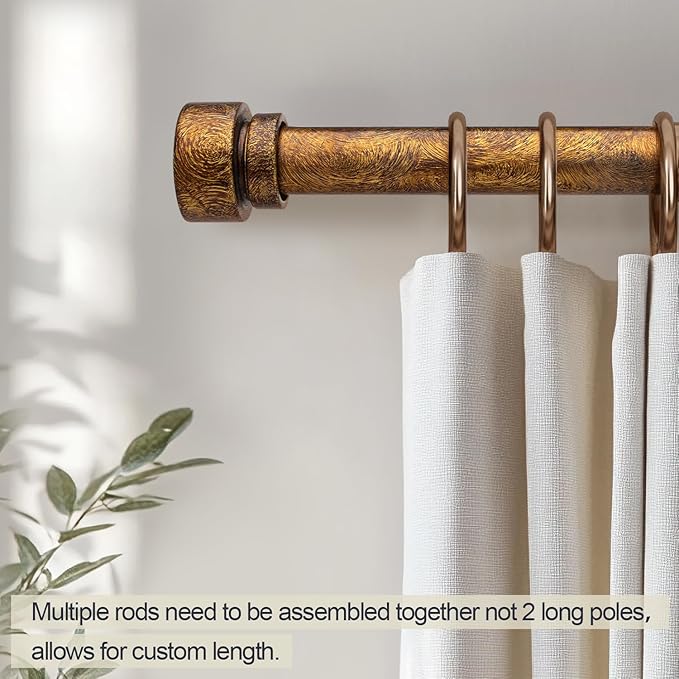 Retro Gold Curtain Rods for Windows 28 to 48 Inches Adjustable Length Heavy Duty 1" Diameter Window Curtain Rod with Decorative Finials for Outdoor Bedroom Kitchen Living Room Farmhouse
