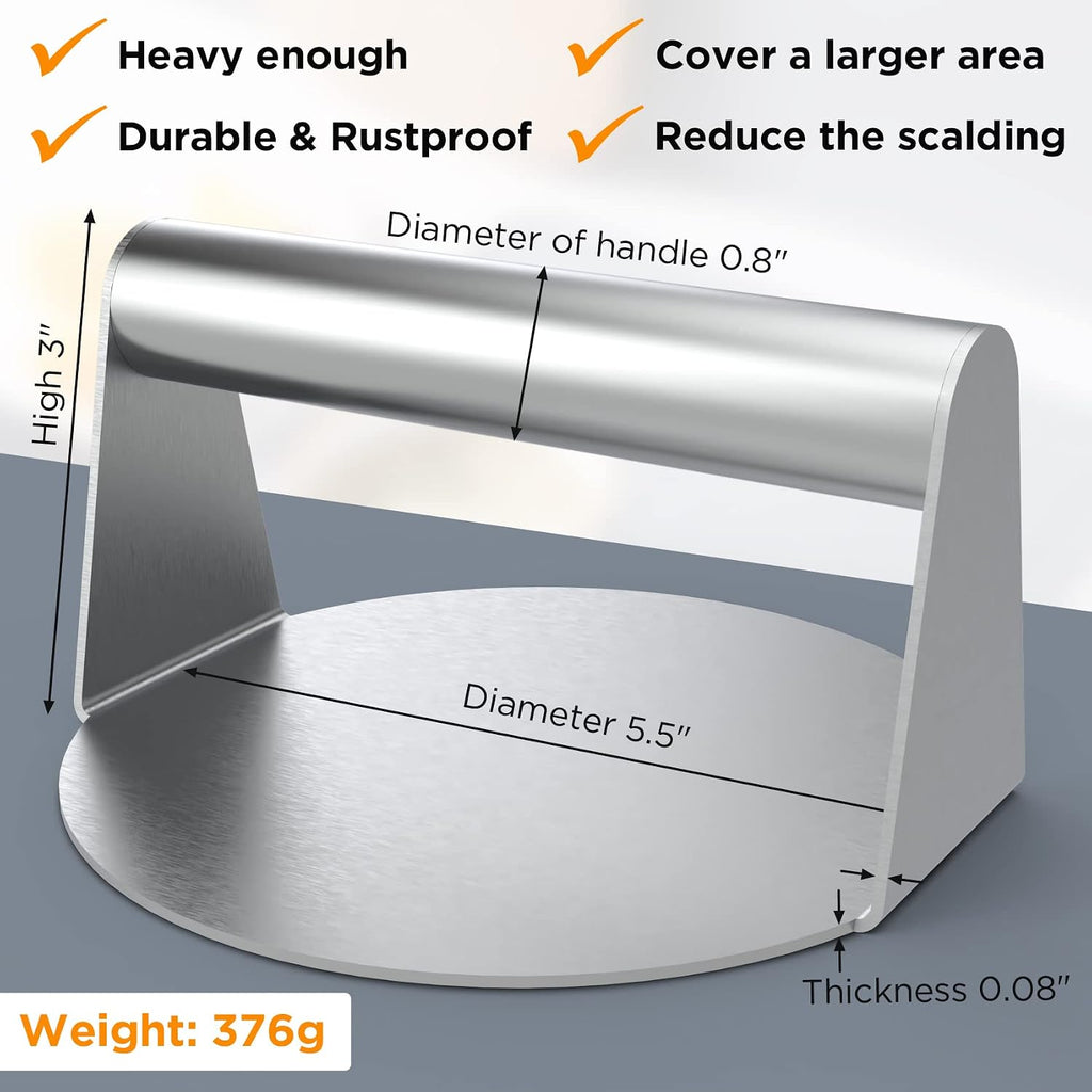 Stainless Steel Burger Press, 5.5 Inch Round Smasher, Non-Stick Smooth Hamburger Press Flat Bottom Without Ridges, Bacon Grill Perfect for Top Griddle Cooking