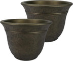 The HC Companies Sierra Round Self-Watering Pot - Lightweight Plastic Planter for Herbs & More - Durable Plant Pots for Indoor Plants & Outdoor Plants (13” Celtic Bronze, Pack of 2)